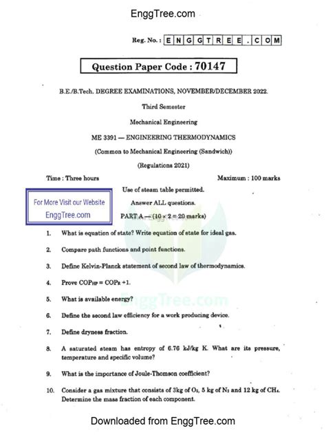 engineering thermodynamics question paper PDF