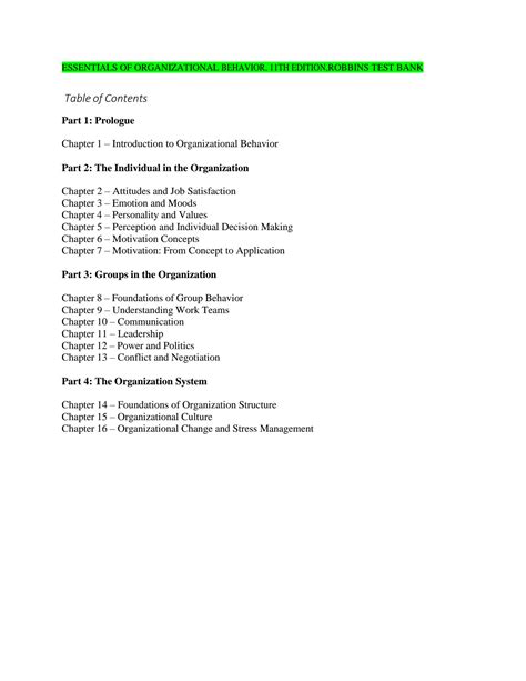 essentials of organizational behavior 11th edition table of contents Epub