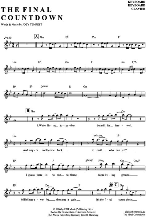 europe the final countdown keyboard notes Kindle Editon