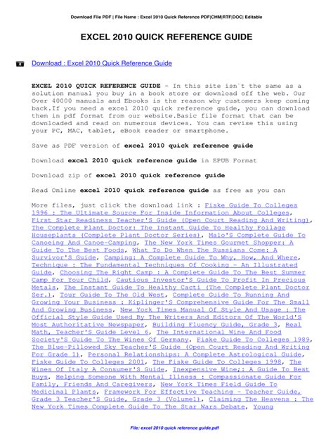 excel 2010 quick reference guide Reader