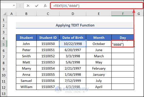 excel extract day from date as text