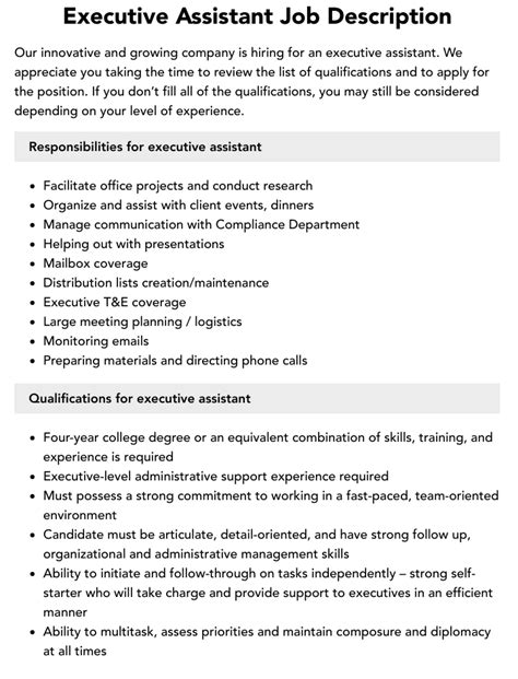 executive assistant job description duties