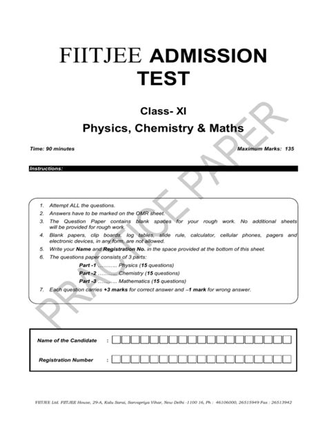 fiitjee sample papers for admission test 2013 class 11 Doc