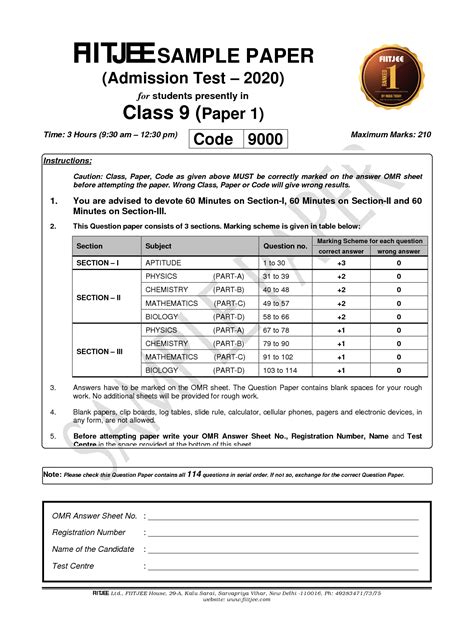 fiitjee sample papers for class 9 PDF