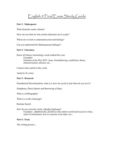 final exam study guide english 9 weebly Reader