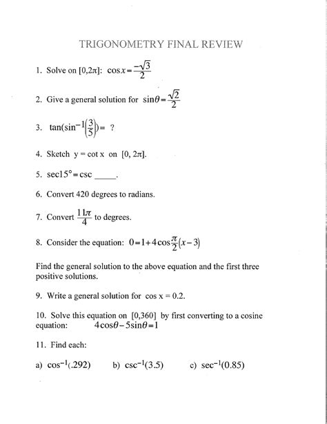 final examination form a trigonometry answers Doc