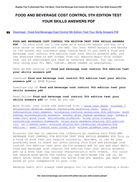 food and beverage cost control 5th edition test your skills answers pdf PDF