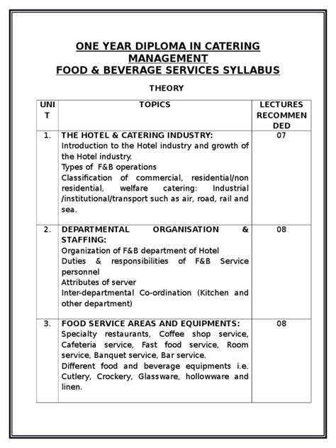 food beverage service procedures syllabus pdf Reader
