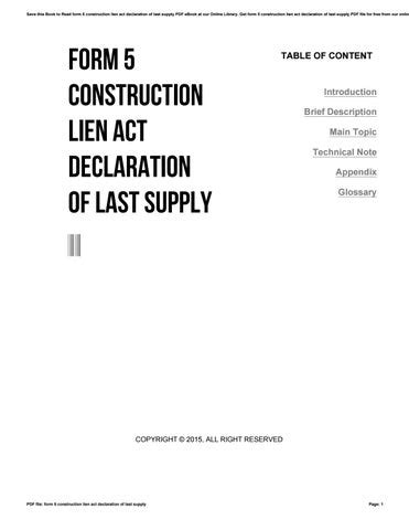 form_5_construction_lien_act_declaration_of_last_supply Ebook Kindle Editon