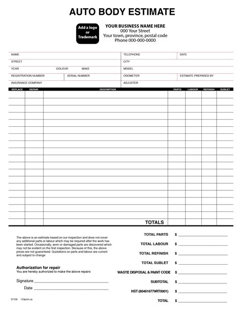 free auto body estimate template Epub
