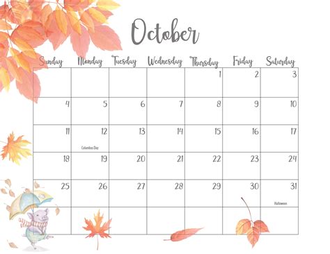 Free Printable October Calender