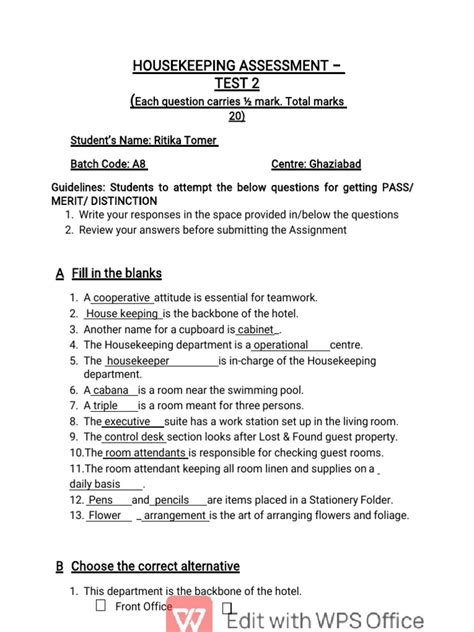 general housekeeping test questions with answers Epub