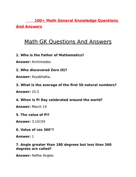 general knowledge mathematics questions and answers Epub