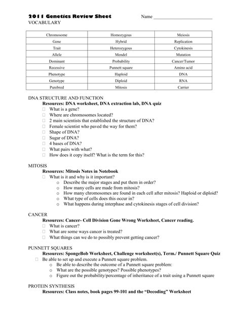 genetics review sheet answers Doc