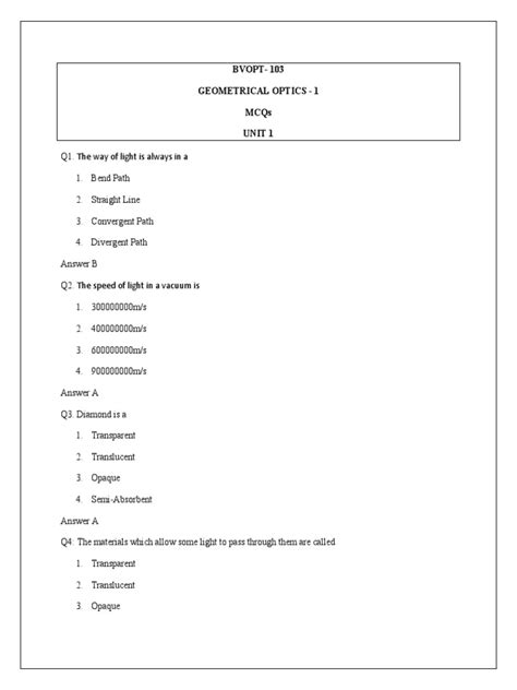 geometric optics multiple choice questions with answers PDF