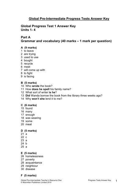 global intermediate progress tests answer key PDF