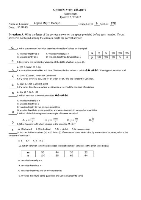 grade 9 assessment of mathematics 2012 answers Epub