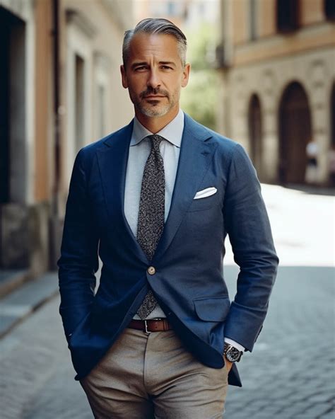 grey slacks and blue blazer