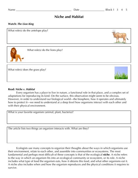 habitat and niche activity sheet answers Reader