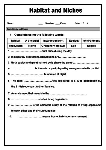 habitat and niche activity sheet answers Reader