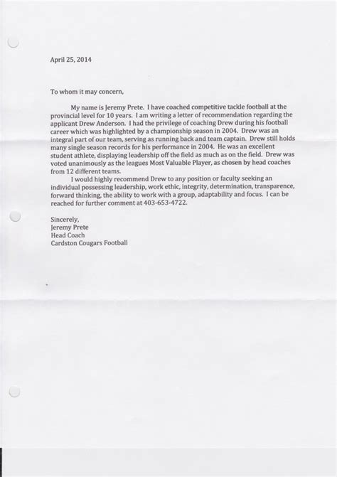 head football coach letter of recommendation PDF