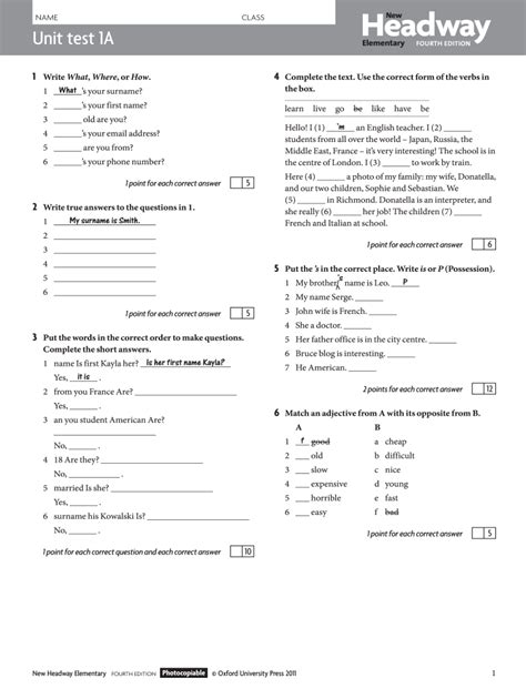 headway elementary end of course test PDF