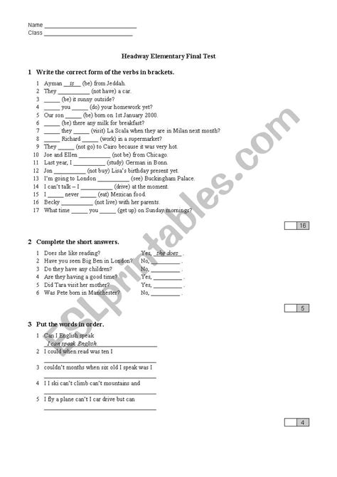 headway elementary end of course test PDF