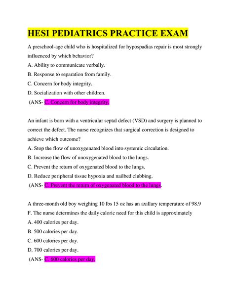 hesi pediatric exam version 1 55  PDF Doc