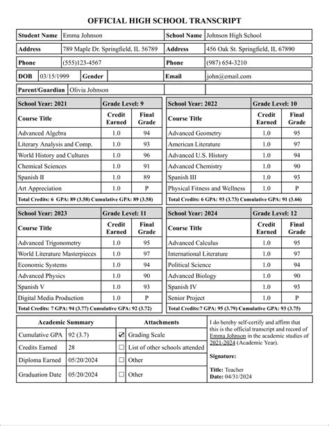 highschool transcript example