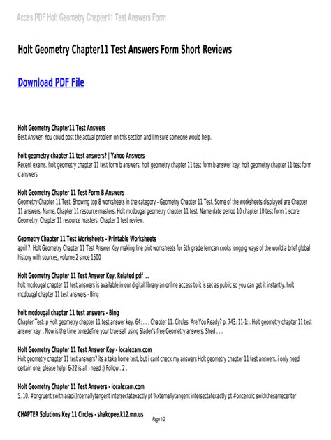 holt geometry chapter11 test answers form PDF