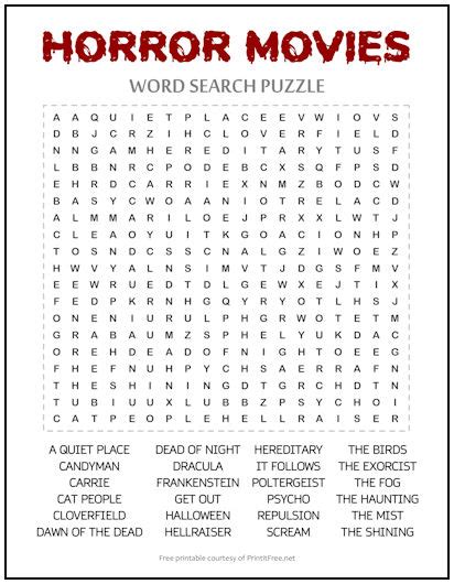 horror movie word search