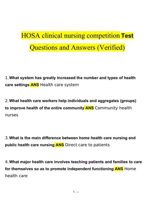 hosa clinical nursing practice test PDF