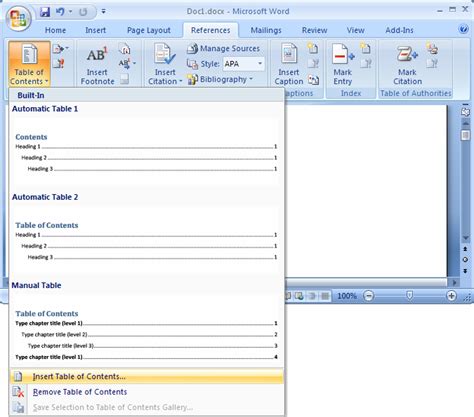 how to insert table of contents in ms word 2007 Doc