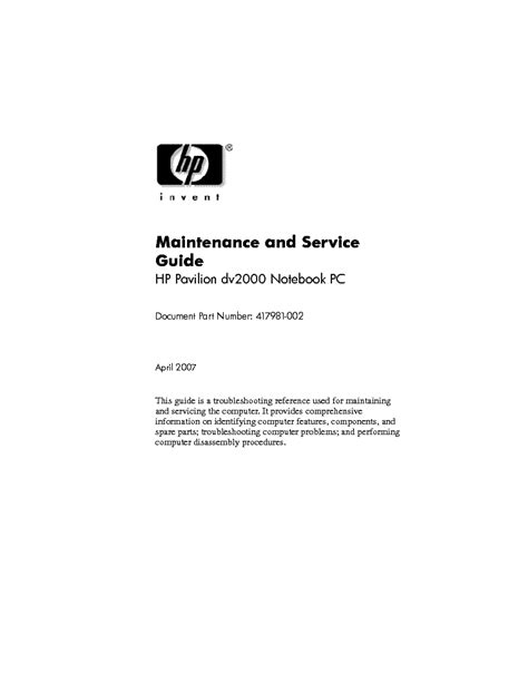 hp pavilion dv2000 service repair manual edu PDF