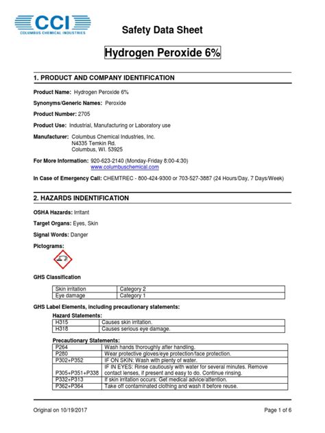 hydrogen peroxide coshh data sheet