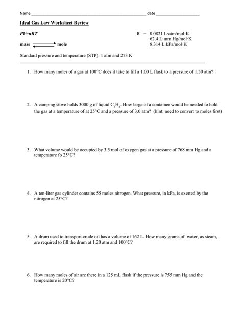 ideal gas law worksheet with answers Doc