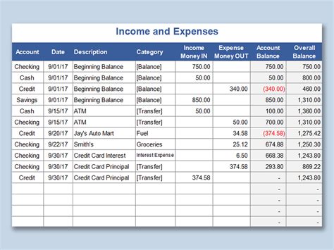 income and expense sheet