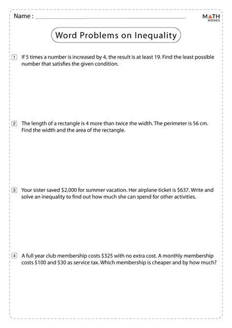 inequality word problem worksheet Epub