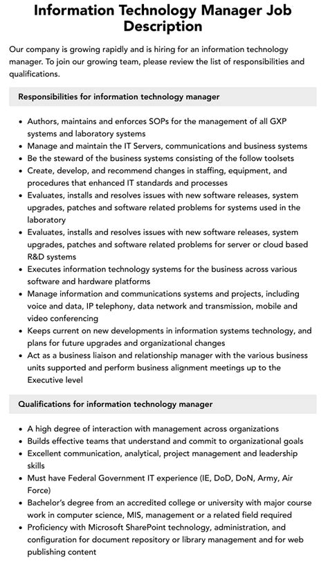 information technology manager job description