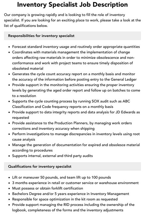 inventory specialist job description