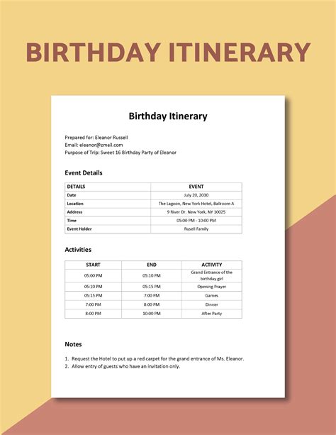 Itinerary Birthday Template