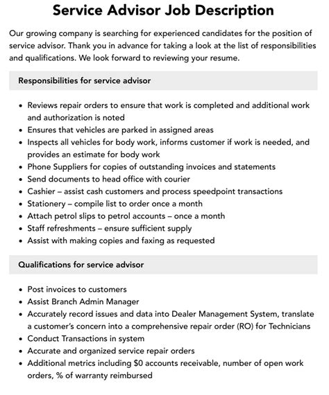 job description for service advisor Epub