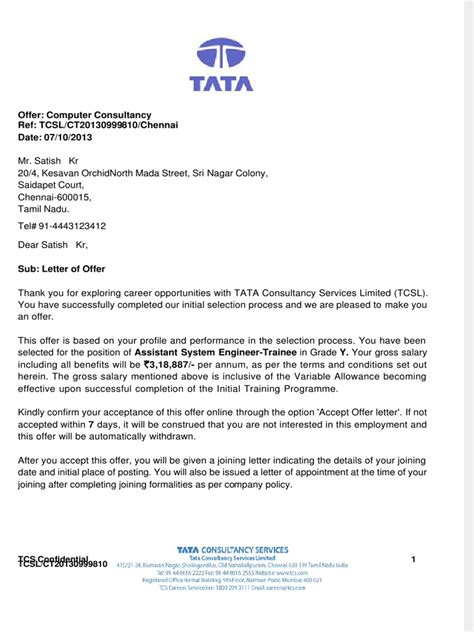 job offer letter sample pdf tcs PDF