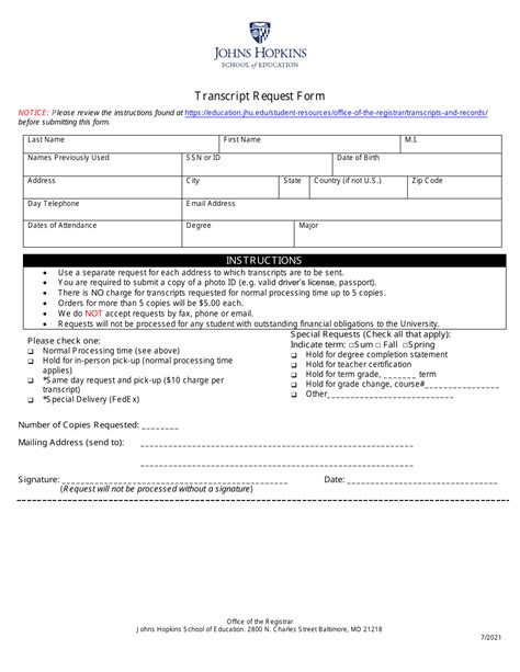 johns hopkins transcript request