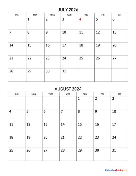 july august 2024 calendar