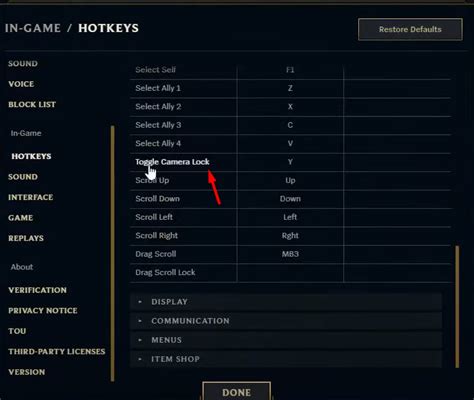 keybind to toggle lock camera league of legends