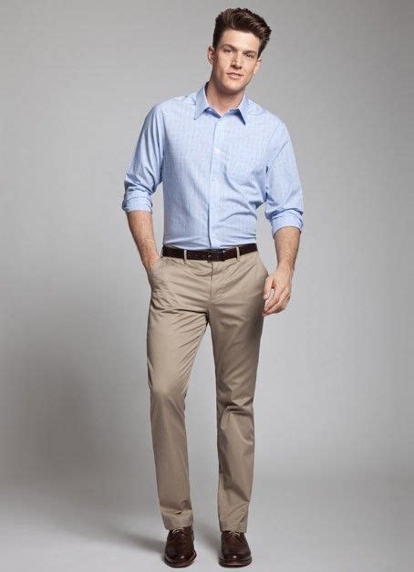 khaki pants with light blue shirt