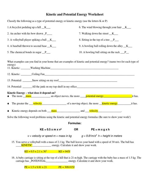 kinetic and potential energy worksheet answer key Doc