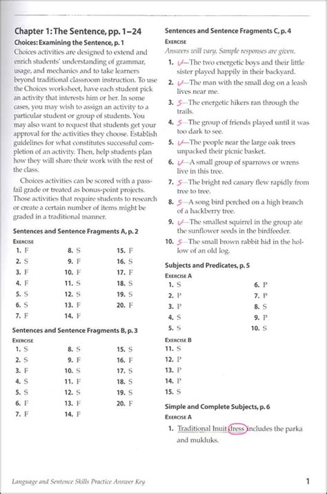 language and sentence skills practice answer key PDF