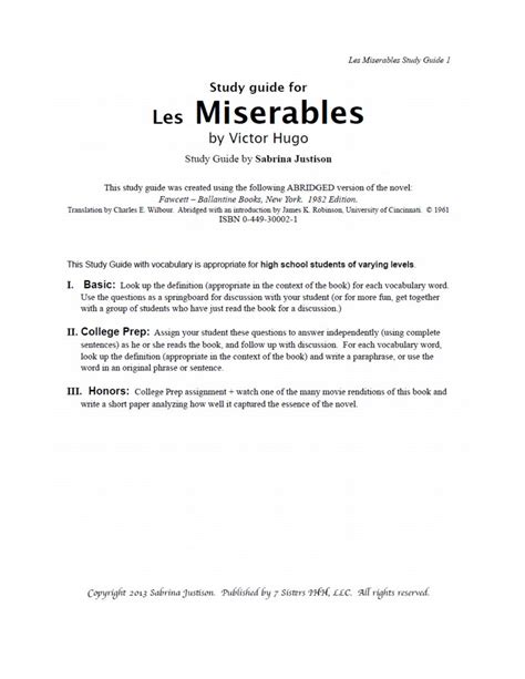 les miserables study guide for high school Reader
